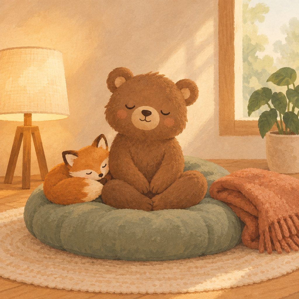 Gemütliche Ecke mit Lampe, Kissen und einem kleinen Bären