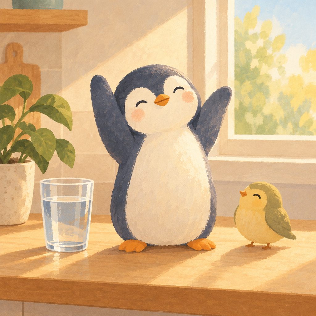Sonnige Morgenroutine: ein kleiner Pinguin in der Küche